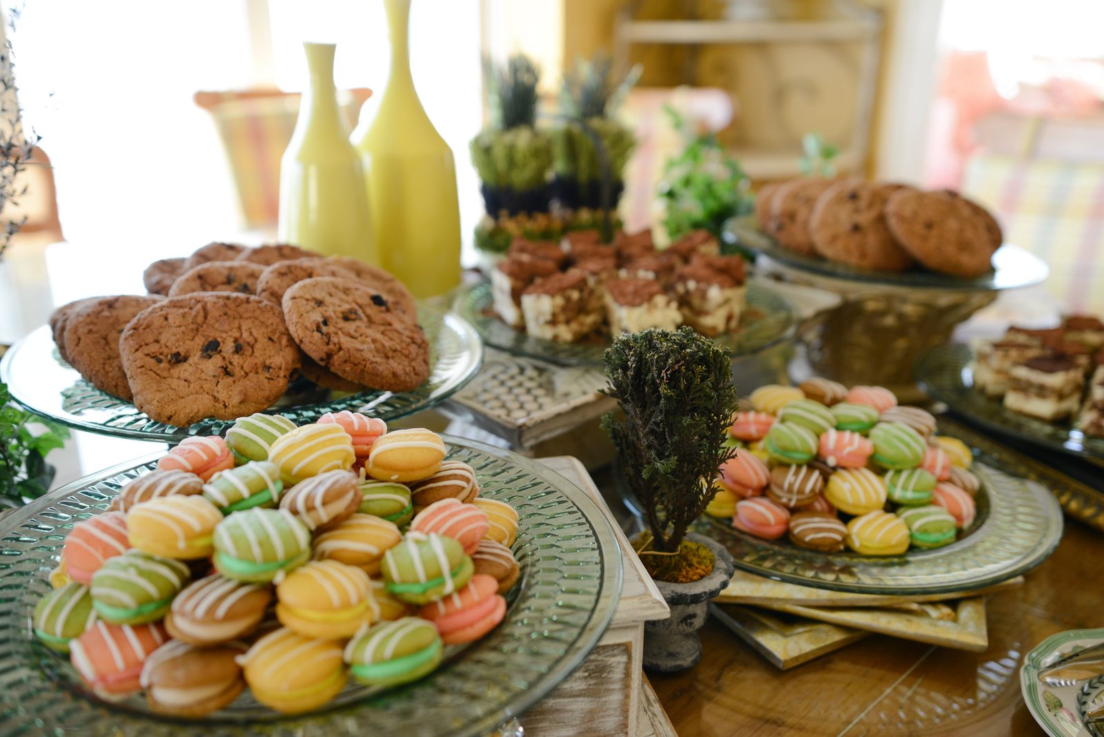 A table of catered refreshments including pastries, cookies and small plates (view 1)
