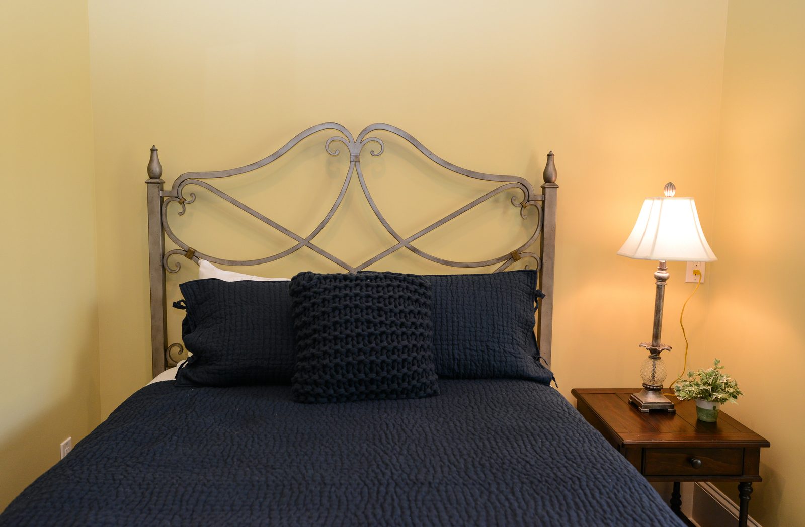 A guest room with an iron bed dressed in navy linens, a lamp and a nightstand (view 8)