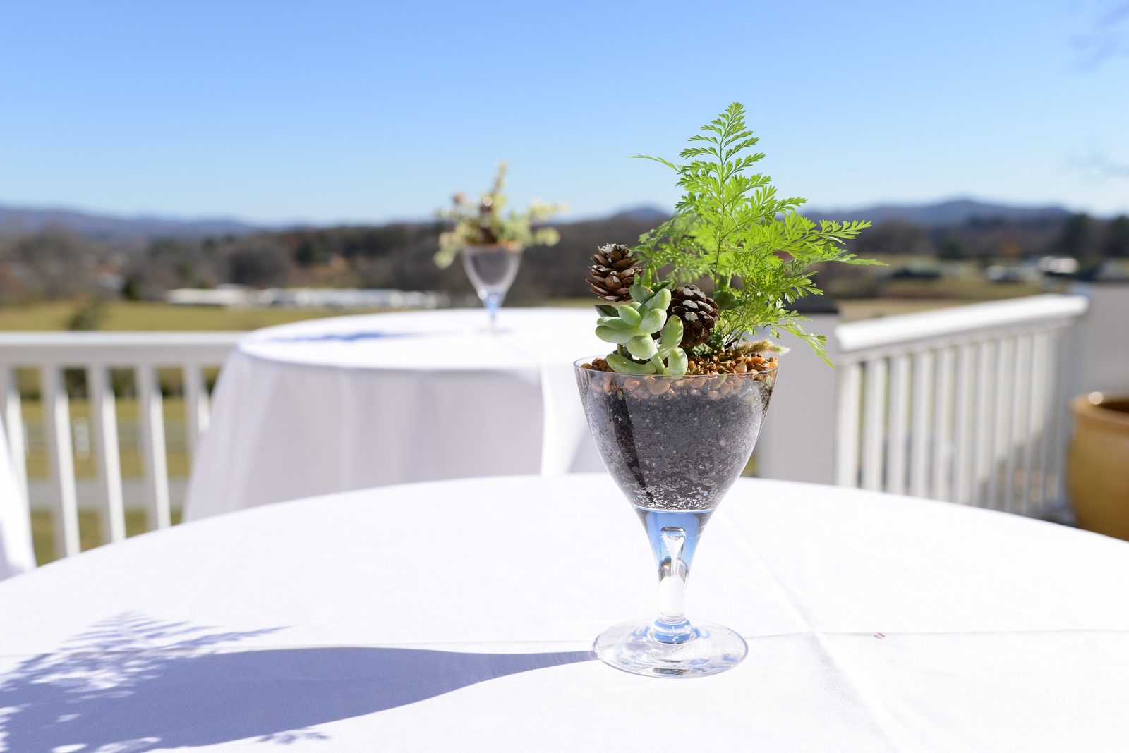 A linen-covered table on the terrace with an open view beyond the railing
